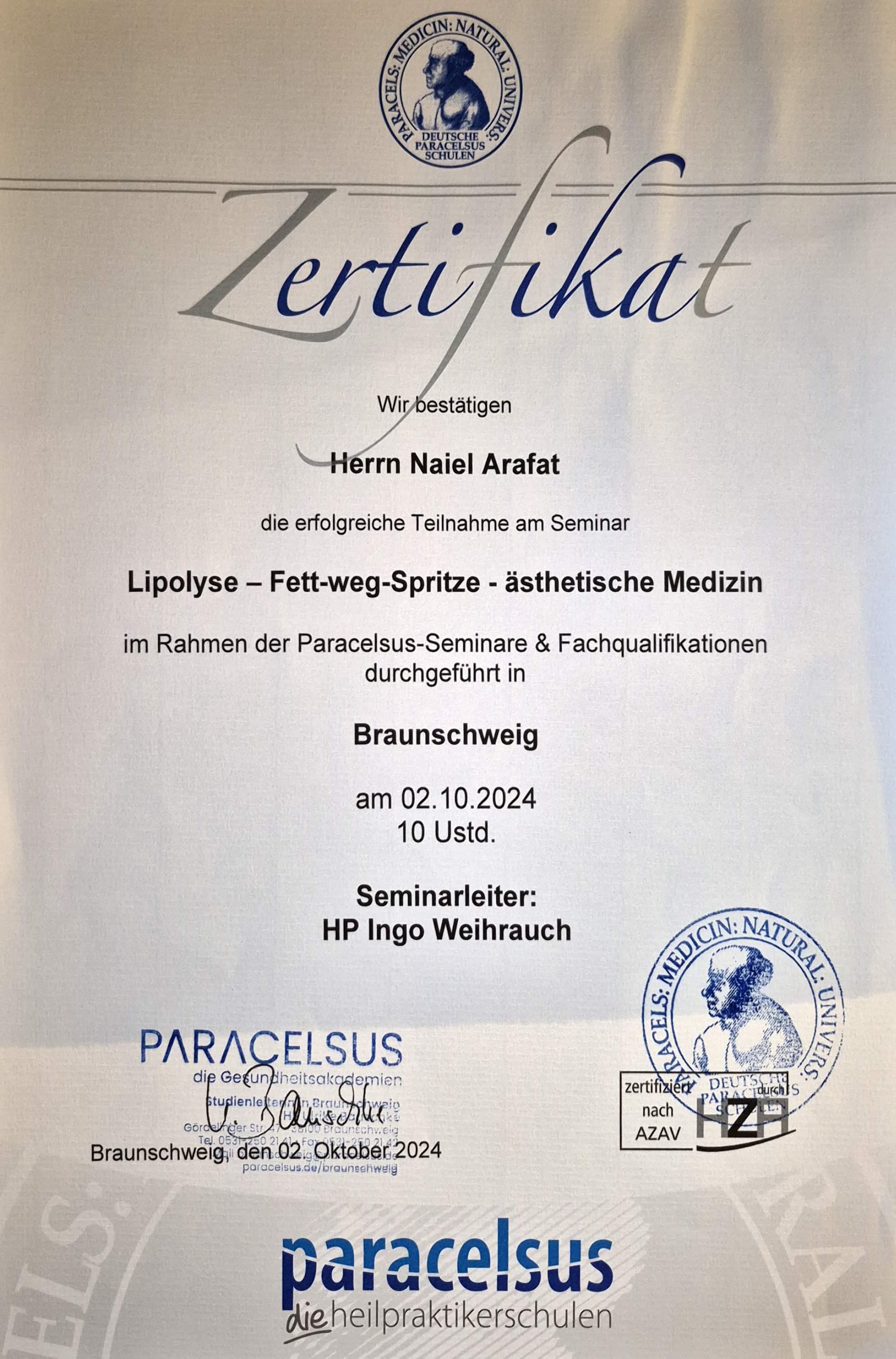 Zertifikat Lipolyse / Fett-weg-Spritze / ästhetische Medizin