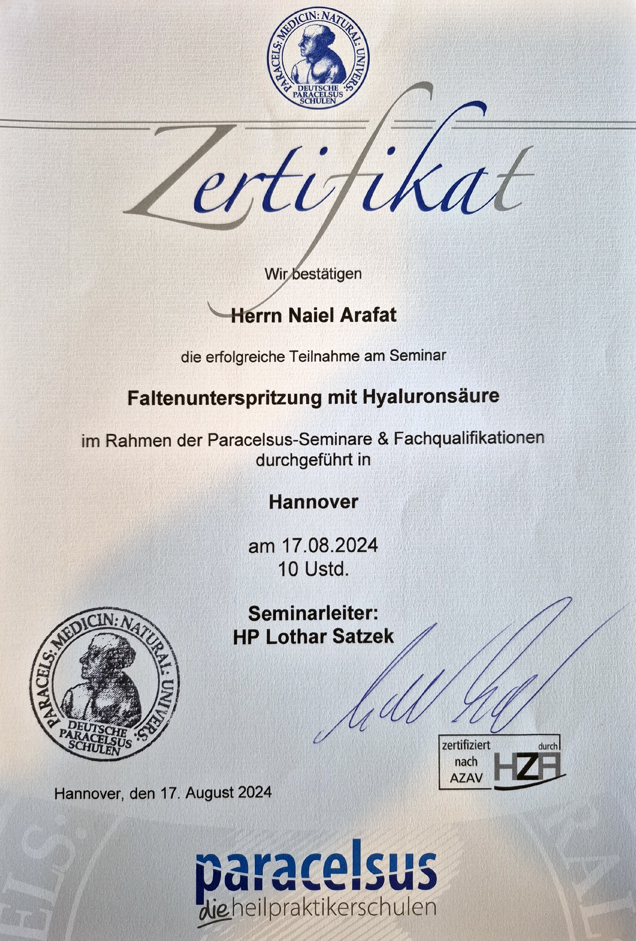 Zertifikat Faltenunterspritzung mit Hyaluron